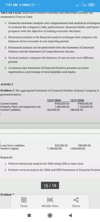 7:57 AM 5.3KB/s O ..
all tal
98
TRUE OR FALSE: Read each sentence carefully and determine whether thne
statement is True or False.
1. Financial statement analysis uses computational and analytical techniques
to evaluate the company's risks, performance, financial health, and future
prospects with the objective of making economic decisions.
2. Horizontal analysis is the financial analysis technique that compares the
balances of two accounts in one reporting period.
3. Horizontal analysis can be performed with the Statement of Financial
Position and the Statement of Comprehensive Income.
4. Vertical analysis compares the balances of one account over different
periods.
5. A common-size Statement of Financial Position presents accounts
expressed as a percentage of total liabilities and equity.
Activity 2
Problem 1: The aggregated Statement of Financial Position of Jenny Company is
presented below:
12/31/20S4
12/31/20S3
Current Assets
P500,000.00
1,584,000.00
P400,000.00
1,320,000.00
Property, Plant, and Equipment, net
Current Liabilities
364,000.00
280,000.00
Long-Term Liabilities
Owner's Capital
380,000.00
1.060,000.00
532,000.00
1,188,000.00
Required:
1. Perform horizontal analysis for 20S4 using 20S3 as base year.
2. Perform vertical analysis for 20S4 and 20S3 Statement of Financial Position
16 / 18
Problem 2.
Tools
Mobile View
Share
88
