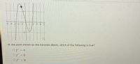 The given image shows a graph of a function. The graph includes a marked point which is indicated by a black dot. Here is the transcription and detailed explanation:

---

### Understanding the Derivative at a Point on a Function

**Graph Description:**
- The graph portrays a function `f(x)` with a marked black dot at a specific point on the curve.
- The x-axis ranges from -5 to 5.
- The y-axis ranges from -1 to 1, with horizontal grid lines at `y = -1`, `y = 0`, and `y = 1`.
- The marked point appears to be at the peak of a local maximum near the x-coordinate of -2.

**Question:**
At the point shown on the function above, which of the following is true?  
- ○ \( f' = 0 \)  
- ○ \( f' < 0 \)  
- ○ \( f' > 0 \)  

**Explanation:**
- The function appears to reach a local maximum at the marked point.
- At a local maximum, the slope of the tangent to the curve is horizontal.
- Therefore, the derivative of the function at this point is zero.

By observing the graph, we can deduce that:

#### At the point shown on the function above, the correct answer is:
- **○ \( f' = 0 \)**

---