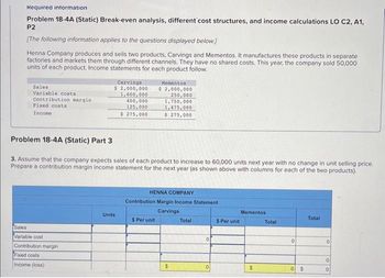 Required information
Problem 18-4A (Static) Break-even analysis, different cost structures, and income calculations LO C2, A1,
P2
[The following information applies to the questions displayed below.]
Henna Company produces and sells two products, Carvings and Mementos. It manufactures these products in separate
factories and markets them through different channels. They have no shared costs. This year, the company sold 50,000
units of each product. Income statements for each product follow.
Sales
Variable costs.
Contribution margin
Fixed costs
Income
Problem 18-4A (Static) Part 3
Sales
Variable cost
Contribution margin
Carvings
$ 2,000,000
1,600,000
400,000
125,000
$ 275,000
3. Assume that the company expects sales of each product to increase to 60,000 units next year with no change in unit selling price.
Prepare a contribution margin income statement for the next year (as shown above with columns for each of the two products).
Fixed costs
Income (loss)
Units
Mementos
$ 2,000,000
250,000
1,750,000
1,475,000
$ 275,000
HENNA COMPANY
Contribution Margin Income Statement
Carvings
$ Per unit
$
Total
0
0
$ Per unit
Mementos.
$
Total
0
0
$
Total
0
0
0