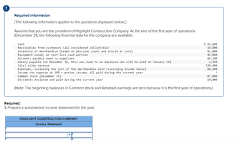 !
Required information
[The following information applies to the questions displayed below.]
Assume that you are the president of Highlight Construction Company. At the end of the first year of operations
(December 31), the following financial data for the company are available:
Cash
Receivables from customers (all considered collectible)
Inventory of merchandise (based on physical count and priced at cost)
Equipment owned, at cost less used portion
Accounts payable owed to suppliers
Salary payable (on December 31, this was owed to an employee who will be paid on January 10)
Total sales revenue
Required:
1. Prepare a summarized income statement for the year.
Expenses, including the cost of the merchandise sold (excluding income taxes)
Income tax expense at 30% × pretax income; all paid during the current year
Common stock (December 31)
Dividends declared and paid during the current year
(Note: The beginning balances in Common stock and Retained earnings are zero because it is the first year of operations.)
HIGHLIGHT CONSTRUCTION COMPANY
Income Statement
$ 25,600
10,800
81,000
42,000
46,140
2,520
F
128,400
80, 200
?
87,000
10,000