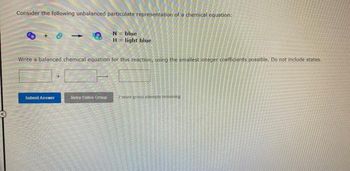 Consider the following unbalanced particulate representation of a chemical equation:
Write a balanced chemical equation for this reaction, using the smallest integer coefficients possible. Do not include states.
Submit Answer
N = blue
H = light blue
Retry Entire Group
7 more group attempts remaining