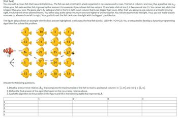 [Fish
Tank]
You play with a clown fish that has an initial size so. The fish can eat other fish in a tank organized in m columns and n rows. The fish at column i and row j has a positive size si,j.
When your fish eats another fish, it grows by that amount. For example, if your clown fish has a size of 10 and eats a fish of size 5, it becomes of size 15. You cannot eat a fish that
is bigger than your size. The game starts by eating any fish in the first (left-most) column that is not bigger than yours. After that, you advance one column at a time by moving
right. You have only three allowed moves. You either stay at the same row, move one row higher or one row lower. You will always move to the right. Thus, you will make exactly
m moves to advance from left to right. Your goal is to exit the fish tank from the right with the biggest possible size.
The figure below shows an example with the best answer highlighted. In this case, the final fish size is 71 (10+8+7+24+22). You are required to develop a dynamic programming
algorithm that solves this problem.
1
2
10
3
4
5
12
15
10
13
25
14
35
24
18
14
Answer the following questions.
1. Develop a recurrence relation A, that computes the maximum size of the fish to reach a position at column ? € [1, m] and row j = [1, n].
2. Define the final answer of the algorithm based on the recurrence relation above.
3. Apply the algorithm to the problem in the figure and fill in the following table that represents A.
1
13
2
3
4