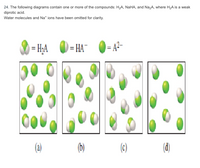 ---

**Understanding Weak Diprotic Acid Systems**

In the context of weak diprotic acids, such as \(\text{H}_2\text{A}\), the dissociation process can be visualized using particle diagrams. Here, we'll analyze the different stages and forms these compounds take as they dissociate in solution. For clarity, water molecules and \(\text{Na}^+\) ions are omitted from the illustrations.

1. **Key Representations in Diagrams:**
    - \(\text{H}_2\text{A}\): Green and white double sphere
    - \(\text{HA}^-\): Green and white single sphere
    - \(\text{A}^{2-}\): Green single sphere

2. **Diagram Analysis:**

   - **Diagram (a): Predominance of \(\text{H}_2\text{A}\)**
     - Depicts mostly undissociated \(\text{H}_2\text{A}\) molecules.
     - This suggests a scenario where the acid has not begun, or has just started, dissociating.

   - **Diagram (b): Intermediate Dissociation**
     - Shows a mixture of \(\text{H}_2\text{A}\) and \(\text{HA}^-\).
     - Indicates first-stage dissociation, producing hydrogen ions and the \(\text{HA}^-\) ion.

   - **Diagram (c): Full Dissociation to \(\text{A}^{2-}\)**
     - Contains primarily the \(\text{A}^{2-}\) ions.
     - Represents a high pH scenario where the acid has fully dissociated.

   - **Diagram (d): Presence of \(\text{HA}^-\) and \(\text{A}^{2-}\)**
     - Displays a combination of \(\text{HA}^-\) and \(\text{A}^{2-}\).
     - Suggests partial progression beyond the first dissociation stage, approaching the second dissociation step.

These visual tools help in understanding how weak diprotic acids behave in solution, crucial for grasping fundamental concepts in chemistry education.

---