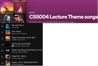 BDHEMIAN
PLAYUST
CS5004 Lecture Theme songs
Life theme music for Spring 2021 CSEO04 Lectures. Go Huskies!
Blow My Mind
16
Limoblaze
Scar Tissue
17
Red Hot Chil Peppers
West Coast (foat. Quinn XCII)
DVB8S, Quinn XCII
18
All The Stars (with SZA)
O Kendrick Lamar, SZA
19
What's Up Danger (with Black Caviar)
Biackway, Black Caviar
20
Deep End - Remix
Lecran, Rapsody
21
Happy - From "Despicable Me 2
Pharrell Williams
22
