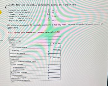 ces
Given the following information, complete the balance sheet shown next.
Collection period
Days' sales in cash
Current ratio
Inventory turnover
Liabilities to assets
Payables period
Assets
Current assets:
Cash
Accounts receivable
Inventory
Total current assets
Net fixed assets
Total assets
(All sales are on credit. All calculations assume a 365-day year. The payables period is based on cost of
goods sold.)
Note: Round your answers to the nearest whole dollar.
Liabilities and shareholders' equity
Current liabilities:
71 days
33
days
2.2
times
Accounts payable
Short-term debt
Total current liabilities
Long-term debt
Shareholders' equity
Total liabilities and equity
5
65%
35 days
$
$
1,300,000
2,000,000
7,000,000