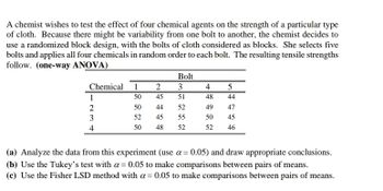 A chemist wishes to test the effect of four chemical agents on the strength of a particular type
of cloth. Because there might be variability from one bolt to another, the chemist decides to
use a randomized block design, with the bolts of cloth considered as blocks. She selects five
bolts and applies all four chemicals in random order to each bolt. The resulting tensile strengths
follow. (one-way ANOVA)
Bolt
Chemical 1
2
3
4
5
1
50
45
51
48
44
2
50
44
52
49
47
3
52
45
55
50
45
4
50
48
52
52
46
(a) Analyze the data from this experiment (use α = 0.05) and draw appropriate conclusions.
(b) Use the Tukey's test with α = 0.05 to make comparisons between pairs of means.
(c) Use the Fisher LSD method with α = 0.05 to make comparisons between pairs of means.