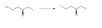 The image depicts a chemical reaction involving two organic molecules. On the left side, there is a chlorinated alkane structure with a chlorine (Cl) atom bonded at each end. On the right side, the leftmost chlorine atom is replaced by an iodine (I) atom, while the rest of the molecular structure remains unchanged. The reaction arrow indicates the transformation from the starting material to the product.

### Diagram Explanation:

- **Left Structure (Reactant):**
  - The molecule consists of a chain of carbon atoms (four in total).
  - A chlorine (Cl) atom is bonded to the first carbon.
  - Another chlorine (Cl) atom is bonded to the third carbon, depicted with a solid wedge indicating a specific stereochemistry.

- **Right Structure (Product):**
  - The structure is similar to the reactant but with an iodine (I) atom replacing the chlorine (Cl) atom at the first carbon position.
  - The chlorine (Cl) atom bonded to the third carbon retains its position and stereochemistry (solid wedge).

This diagram illustrates a halogen exchange reaction, where the substitution of a chlorine atom with an iodine atom occurs.