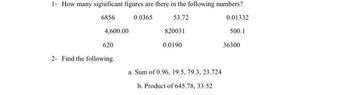 1- How many significant figures are there in the following numbers?
6856
0.0365
53.72
4,600.00
620
2- Find the following.
820031
0.0190
a. Sum of 0.96, 19.5, 79.3, 23.724
b. Product of 645.78, 33.52
0.01332
500.1
36300