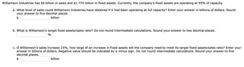 Williamson Industries has $4 billion in sales and $1.774 billion in fixed assets. Currently, the company's fixed assets are operating at 95% of capacity.
a. What level of sales could Williamson Industries have obtained if it had been operating at full capacity? Enter your answer in billions of dollars. Round
your answer to five decimal places.
$
billion
b. What is Williamson's target fixed assets/sales ratio? Do not round intermediate calculations. Round your answer to two decimal places.
%
c. If Williamson's sales increase 15%, how large of an increase in fixed assets will the company need to meet its target fixed assets/sales ratio? Enter your
answer in billions of dollars. Negative value should be indicated by a minus sign. Do not round intermediate calculations. Round your answer to five
decimal places.
$
billion