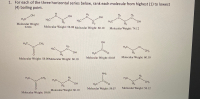 ### Boiling Points of Organic Compounds

For each of the three horizontal series below, rank each molecule from highest (1) to lowest (4) boiling point. 

#### Series 1:

1. **Molecule 1:** 
   - Structure: H\(_3\)C – OH
   - Molecular Weight: 32.04

2. **Molecule 2:** 
   - Structure: H\(_2\)C – CH – OH
   - Molecular Weight: 58.08

3. **Molecule 3:** 
   - Structure: H\(_3\)C -CH\(_2\) – CH – OH
   - Molecular Weight: 60.10

4. **Molecule 4:** 
   - Structure: H\(_3\)C – CH\(_2\) – CH\(_2\) – OH
   - Molecular Weight: 74.12

#### Series 2:

1. **Molecule 5:** 
   - Structure: H\(_3\)C – CH\(_3\) – C=O
   - Molecular Weight: 58.08

2. **Molecule 6:**
   - Structure: H\(_3\)C – CH\(_2\) – CH – OH
   - Molecular Weight: 60.10

3. **Molecule 7:** 
   - Structure: H\(_3\)C – C – OH
   - Molecular Weight: 60.05

4. **Molecule 8:** 
   - Structure: H\(_3\)C – CH\(_2\) – O – CH\(_3\)
   - Molecular Weight: 60.10

#### Series 3:

1. **Molecule 9:** 
   - Structure: H\(_3\)C – CH\(_3\) – C=O
   - Molecular Weight: 58.08

2. **Molecule 10:** 
   - Structure: H\(_3\)C – CH\(_2\) – CH – OH
   - Molecular Weight: 60.10

3. **Molecule 11:** 
   - Structure: H\(_3\)C – C=O – NH\(_2\)
   - Molecular Weight: 59.07

4. **