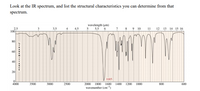 Look at the IR spectrum, and list the structural characteristics you can determine from that
spectrum.
2,5
100
wavelength (um)
5 5,5 6
12 13 14 15 16
3.5
4
4,5
9 10
11
80
60
40
20
1685
4000
3500
3000
2500
2000
1800
1600
1400
1200
1000
800
600
wavenumber (cm")
TAANS -TTANUW
