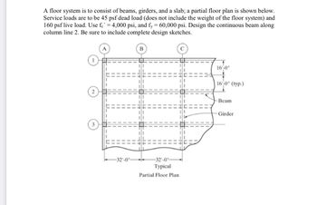 A floor system is to consist of beams, girders, and a slab; a partial floor plan is shown below.
Service loads are to be 45 psf dead load (does not include the weight of the floor system) and
160 psf live load. Use fe' = 4,000 psi, and fy = 60,000 psi. Design the continuous beam along
column line 2. Be sure to include complete design sketches.
2
3
11
-32-0-
B
11
--+1-
-32-0
Typical
Partial Floor Plan
16'-0"
16-0* (typ.)
Beam
Girder