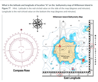 What is the latitude and longitude of location “A" on the bathymetry map of Willemsen Island in
Figure 7? Hlnt: Latitude is the red-circled value on the side of the map (degrees and minutes).
Longitude is the red-cirlced value on the bottom the map (degrees and minutes).
Willemsen Island Bathymetry Map
NE
72
w-
E
20'
49
39
30
D 10'
N
42
22
22
27
168
(22
34
Willemsen
Island
10
21
20
14
26
30
Compass Rose
33
I40"
50'
25° 00'
10'
20'
30'
East Longitude
ZOL+ n
TTT
