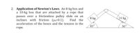 2. Application of Newton's Laws. An 8-kg box and
a 10-kg box that are attached by a rope that
passes over a frictionless pulley slide on an
inclines with friction (uk=0.1).
8 kg
10 kg
Find the
acceleration of the boxes and the tension in the
400
50°
rope.
