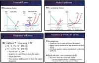 Economic Losses
Market Equilibrium
Resources leave
INo economic losses
Com Industry
Typical Com Farm
Price
Price
Price
Рrice
Sbu
Sbu
Sbu
S'bu
MC
MC
ATC
ATC
Economic
Loss:
$21,000
1.05
0.75
0.75
0.75
70 90
Quantity (000s of bushels'year)
40 60
60
70 90
Quantity (M of bushels'year)
Quantity (M of bushels'year)
Quantity (000s of bushels'year)
Responses to Losses
Responses to Profits and Losses
IAssumptions
> Firms are free to enter and leave the market
> Inputs can be purchased in any quantities at fixed
prices
> All firms employ similar standardized production
methods
ICondition: P<minimum ATC
> TR = 0.75 x 70 = $52,500
> TC = 1.05 x 70 = $73,500
• Total losses = $21,000
• Incentive for some firms to leave the market
• Supply decreases
• Price increase until incentive to leave the market
disappears
Final outcome: zero economic profit
> Do firms want zero economic profit?
• The zero economic profit is a consequence of price
movements following entry and exit of firms
