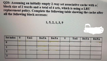 Q20: Assuming an initially empty 2-way set associative cache with al
block size of 2 words and a total of 4 sets, which is using a LRU
replacement policy. Complete the following table showing the cache after
all the following block accesses:
Set index V TAG
1
2
3
1, 5, 2, 1, 3, 9
DATA DATA
V
TAG DATA DATA