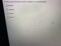 6. Which type of functional group is located on a monosaccharide?
O Alcohol
O Halogen
Alkane
Amine
