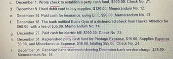 The image appears to be a list of transactions recorded over the month of December. Below is a transcription suitable for an educational website:

---

### December Transactions Overview

1. **December 1**: Initiated a petty cash fund by writing a check for $200.00.  
   - **Check No.**: 21

2. **December 9**: Purchased supplies using a debit card, totaling $120.00.  
   - **Memorandum No.**: 12

3. **December 14**: Paid for insurance with cash using Electronic Funds Transfer (EFT), amounting to $50.00.  
   - **Memorandum No.**: 13

4. **December 18**: Received notification from the bank regarding a dishonored check from Hawks Athletics for $50.00, accompanied by a fee of $35.00.  
   - **Memorandum No.**: 14

5. **December 27**: Settled the electric bill with a cash payment of $200.00.  
   - **Check No.**: 23

6. **December 31**: Replenished the petty cash fund with expenditures for various expenses including:
   - **Postage Expense**: $15.00
   - **Supplies Expense**: $30.00
   - **Miscellaneous Expense**: $10.00
   - **Totaling**: $55.00
   - **Check No.**: 24

7. **December 31**: A bank statement was received indicating a December bank service charge of $25.00.  
   - **Memorandum No.**: 15

---

This list documents the financial activities and illustrates the maintenance of financial records through checks, memoranda, and bank statements.