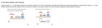 A Two-Body Collision with a Spring
A block of mass m₁ = 1.50 kg initially moving to the right with a speed of 5.00 m/s on a frictionless, horizontal track collides with a light spring attached to a second block of mass m₂
initially moving to the left with a speed of 2.50 m/s as shown in figure (a). The spring constant is 550 N/m. (Assume the positive direction points to the right.)
Before a moving block collides with another
moving block with a spring attached.
a
m
k
V2i
m2
At one instant during the collision.
k
m1
m2
wwwwww
b
= 6.50 kg