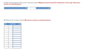 e. What is the average monthly trend in book-store sales? (Negative amounts should be indicated by a minus sign. Round your
answer to 4 decimal places.)
Average monthly trend in book-store sales
f-1. What are the monthly indexes? (Round your answers to 4 decimal places.)
Month
1
2
3
4
5
6
7
8
9
10
11
12
million dollars per month
Index