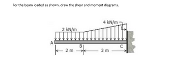 For the beam loaded as shown, draw the shear and moment diagrams.
A
2 kN/m
k
2 m
BI
4 kN/m
3m
C