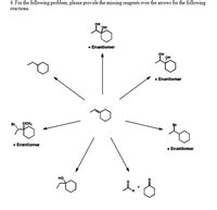 6. For the following problem, please provide the missing reagents over the arrows for the following
reactions.
он
он
+ Enantiomer
он
он
+ Enantiomer
Br.
OCH,
Br
+ Enantiomer
+ Enantiomer
HO
