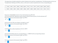 The department of health studied the number of patients who need liver transplantation. The following data are the Liver
Transplantation Waiting List (LTWL), where y is the size (in number of patients) and x is the corresponding year:
y 1464 1894 2815s 3803 4708 6654 7532 7415 7671 8376 8285 8645 8922
x 2001 2002 2003 2004 2005 2006 2007 2008 2009 2010 2011 2012 2013
Round your intermediate answers to four decimal places (e.g. 98.7654).
(a) Fit the simple linear regression model using the method of least squares. Find the estimate of o.
Round your answer to the nearest integer (e.g. 9876).
a = i
(b) How does the LTWL size change in average for a year?
Round your answer to the nearest integer (e.g. 9876).
(c) Estimate the number of patients in the list in 2017.
(d) Calculate the fitted value of y corresponding tox = 2010. Find the corresponding residual.
Round your answer to the nearest integer (e.g. 9876).
Round your answer to the nearest integer (e.g. 9876).
e =
