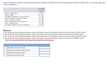 Kubin Company's relevant range of production is 10,000 to 12,000 units. When it produces and sells 11,000 units, its average costs per
unit are as follows:
Direct materials
Direct labor
Variable manufacturing overhead
Fixed manufacturing overhead
Fixed selling expense
Fixed administrative expense
Sales commissions
Variable administrative expense
Average
Cost per
Unit
$ 7.10
$ 4.10
$ 1.60
$ 5.10
$ 3.60
1. Total amount of product costs
2. Total amount of period costs incurred
3. Total amount of product costs
4. Total amount of period costs
$ 2.60
$ 1.10
$ 0.60
Required:
1. For financial accounting purposes, what is the total amount of product costs incurred to make 11,000 units?
2. For financial accounting purposes, what is the total amount of period costs incurred to sell 11,000 units?
3. For financial accounting purposes, what is the total amount of product costs incurred to make 12,000 units?
4. For financial accounting purposes, what is the total amount of period costs incurred to sell 10,000 units?
(For all requirements, do not round intermediate calculations.)