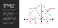 F
ANALYSIS OF
STRUCTURE
D
H = 150 KN
50 KN
H
The truss shown in the
9 m
figure is loaded with
forces at the joints of the
truss. Compute the
internal forces in the
members DF, FG, FH and
GH only. Indicate if the
internal force is a Tension
or a Compression. You can
use Method of Joint or
Method of Section.
B
A
4 m C
4 m E
4 m G
3 m I
3 m
20 KN
20 KN
20 KN
20 KN
