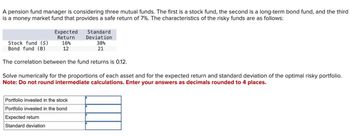 A pension fund manager is considering three mutual funds. The first is a stock fund, the second is a long-term bond fund, and the third
is a money market fund that provides a safe return of 7%. The characteristics of the risky funds are as follows:
Stock fund (S)
Bond fund (B)
Expected
Return
16%
12
Standard
Deviation
38%
21
The correlation between the fund returns is 0.12.
Portfolio invested in the stock
Portfolio invested in the bond
Expected return
Standard deviation
Solve numerically for the proportions of each asset and for the expected return and standard deviation of the optimal risky portfolio.
Note: Do not round intermediate calculations. Enter your answers as decimals rounded to 4 places.