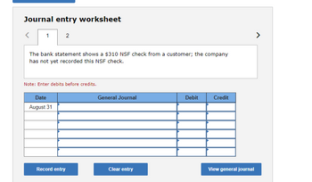 Journal entry worksheet
1
2
The bank statement shows a $310 NSF check from a customer; the company
has not yet recorded this NSF check.
Note: Enter debits before credits.
Date
August 31
Record entry
General Journal
Clear entry
Debit
Credit
View general journal