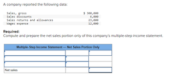 A company reported the following data:
Sales, gross
Sales discounts
Sales returns and allowances
Wages expense
$ 300,000
6,000
23,000
12,000
Required:
Compute and prepare the net sales portion only of this company's multiple-step income statement.
Multiple-Step Income Statement - Net Sales Portion Only
Net sales