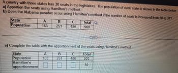 A country with three states has 30 seats in the legislature. The population of each state is shown in the table below.
a) Apportion the seats using Hamilton's method.
b) Does the Alabama paradox occur using Hamilton's method if the number of seats is increased from 30 to 317
A
State
Population
B
251
486
B
a) Complete the table with the apportionment of the seats using Hamilton's method.
State
A
Total
163
900
Population
Hamilton's
30
apportionment
Total
900
C
486