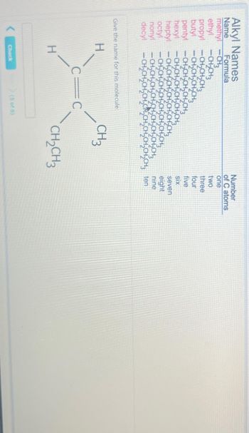 Alkyl Names
Formula
Name
methy!
ethyl
propy!
butyl
pentyl
hexyl
heptyl
octyl
nony!
decyl
CH3
-CH₂CH3
-CH₂CH₂CH3
Give the name for this molecule:
H
H
Check
CIC
CH₂CH3
H₂CH3
₂CH₂CH₂CH3
CH₂CH₂CH₂CH₂CH3 ten
(5 of 8)
CH3
Number
of C atoms
one
two
three
four
five
SIX
CH₂CH3
seven
eight
nine