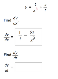 Answered: t y = t dy Find dx 1 8t dy dx t dy Find… | bartleby