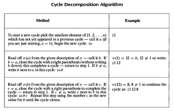 Method
Cycle Decomposition Algorithm
(1
To start a new cycle pick the smallest element of {1, 2, .... n}
which has not yet appeared in a previous cycle - call it a (if
you are just starting, a = 1); begin the new cycle: (a
Read off o(a) from the given description of o-call it b. If
b = a, close the cycle with a right parenthesis (without writing
b down); this completes a cycle return to step 1. If b + a,
write b next to a in this cycle: (ab
Read off o (b) from the given description of o-call it c. If
c = a, close the cycle with a right parenthesis to complete the
cycle return to step 1. If ca, write c next to b in this
cycle: (abc Repeat this step using the number c as the new
value for b until the cycle closes.
Example
σ(1) = 12 = b, 12 #1 so write:
(112
o(12) = 8,8 #1 so continue the
cycle as: (1128