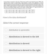 Savings banks are permitted to sell a form of life insurance called savings bank life insurance (SBLI). The
approval process consists of underwriting, which includes a review of the application, a medical
information bureau check, possible requests for additional medical information and medical exams, and a
policy compilation stage during which the policy pages are generated and sent to the bank for delivery. The
ability to deliver approved policies to bank customers in a timely manner is critical to the profitability of
this service to the bank. During a period of one month, a random sample of 27 approved policies was
selected, and the following total processing times in days, were recorded;
73
19
56
31
17
91
28
60
90
17
17
17
28
16
56
64
22
63
31
45
50
18
48
92
51
69
16
How is the data distributed?
Select the correct response:
distribution is symmetric
distribution is skewed to the left
distribution is skewed
distribution is skewed to the right
