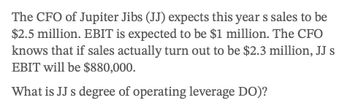 The CFO of Jupiter Jibs (JJ) expects this year s sales to be
$2.5 million. EBIT is expected to be $1 million. The CFO
knows that if sales actually turn out to be $2.3 million, JJ s
EBIT will be $880,000.
What is JJ s degree of operating leverage DO)?