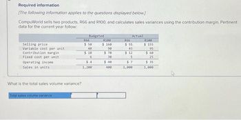 ### Required Information

**[The following information applies to the questions displayed below]**

CompuWorld sells two products, R66 and R100, and calculates sales variances using the contribution margin. Pertinent data for the current year follow:

|                     | **Budgeted**       | **Actual**         |
|---------------------|--------------------|--------------------|
|                     | **R66** | **R100** | **R66** | **R100** |
| **Selling price**   | $50     | $160     | $55     | $155     |
| **Variable cost per unit** | $40     | $90      | $43     | $95     |
| **Contribution margin** | $10     | $70      | $12     | $60     |
| **Fixed cost per unit** | $6      | $30      | $5      | $25     |
| **Operating income** | $4      | $40      | $7      | $35     |
| **Sales in units**   | 1,200   | 400      | 1,000   | 1,000   |

### Question

What is the total sales volume variance?

[Input box labeled "Total sales volume variance"]