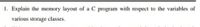 1. Explain the memory layout of a C program with respect to the variables of
various storage classes.
