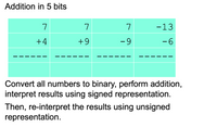 Addition in 5 bits
7
7
7
-13
+4
+9
- 9
- 6
Convert all numbers to binary, perform addition,
interpret results using signed representation.
Then, re-interpret the results using unsigned
representation.
