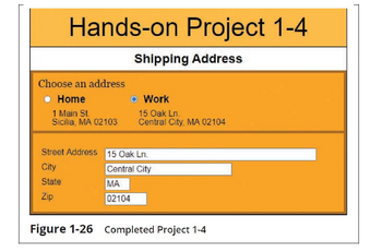 Hands-on Project 1-4
Shipping Address
Choose an address
● Home
1 Main St.
Sicilia, MA 02103
O Work
MA
02104
15 Oak Ln.
Central City, MA 02104
Street Address 15 Oak Ln.
City
Central City
State
Zip
Figure 1-26 Completed Project 1-4