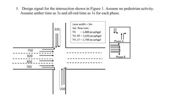 5. Design signal for the intersection shown in Figure 1. Assume no pedestrian activity.
Assume amber time as 3s and all-red time as 1s for each phase.
750
820
850
765
335
➖➖➖➖➖➖➖➖
'250
Lane width = 3m
Sat. flow rate:
ΤΗ -1,800 pcuphgpl
TH, RT-1,650 pcuphgpl
TH, LT-1,700 pcuphgpl
IL
tr
Phase A
Phase B