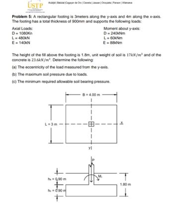 USTP Buba (Cagayan de Oro | Claveria | Jasaan | Oroquieta | Panaon Vilanueva
Problem 5: A rectangular footing is 3meters along the y-axis and 4m along the x-axis.
The footing has a total thickness of 900mm and supports the following loads:
Axial Loads:
D= 1080Kn
L= 480kN
E = 140kN
Moment about y-axis:
D = 240kNm
L = 60kNm
E = 88kNm
The height of the fill above the footing is 1.8m, unit weight of soil is 17kN/m³ and of the
concrete is 23.6kN/m³. Determine the following:
(a) The eccentricity of the load measured from the y-axis.
(b) The maximum soil pressure due to loads.
(c) The minimum required allowable soil bearing pressure.
L=3m
B = 4.00 m
yl
M,
hs = 0.90 m
1.80 m
+
he 0.90 m
+