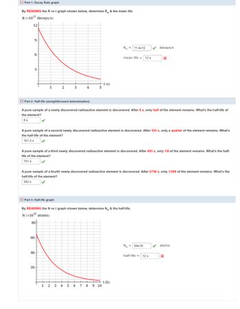 Part 1: Decay Rate graph
By READING the R vs t graph shown below, determine R. & the mean life.
R (x10¹² decays/s)
12
9.
6.
3.
1
Part 2: Half-life (straightforward determination)
2
60.
40.
3
20.
1
4
A pure sample of a newly discovered radioactive element is discovered. After 8 s, only half of the element remains. What's the half-life of
the element?
8s
A pure sample of a second newly discovered radioactive element is discovered. After 323 s, only a quarter of the element remains. What's
the half-life of the element?
161.5 s ✓
2
t(s)
5
A pure sample of a third newly discovered radioactive element is discovered. After 453 s, only 1/8 of the element remains. What's the half-
life of the element?
151 s
Part 3: Half-life graph
By READING the N vs t graph shown below, determine N. & the half-life.
N (x10¹8 atoms)
80
A pure sample of a fourth newly discovered radioactive element is discovered. After 2736 s, only 1/256 of the element remains. What's the
half-life of the element?
342 s
3 4
Ro 11.4e12
5 6
mean life = 12 s
7 8 9 10
t(h)
decays/s
x
No=64e18
half-life = 12 s
atoms
X