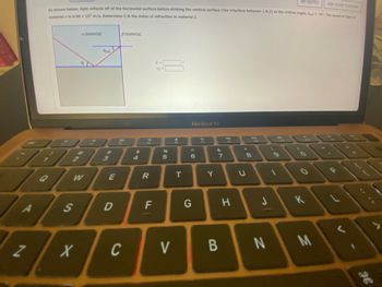 A
50G
19"
2
As shown below, light reflects off of the horizontal surface before striking the vertical surface (the interface between a & B) at the critical angle, fart 19. The speed of light in
materiala is 6.50 x 107 m/s. Determine 6 & the index of refraction in material B.
S
a material
X
Berit
3
E
D
B material
80
h
$
C
4
a
R
F
6₁-
ng=
%
5
I
V
FB
T
MacBook Air
< 6
G
Y
&
7
B
H
8
N
MY NOTES
1
K
ASK YOUR TEACHER
M
V
H