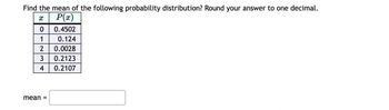 Find the mean of the following probability distribution? Round your answer to one decimal.
x
P(x)
0
0.4502
1
0.124
2 0.0028
3
0.2123
4
0.2107
mean =