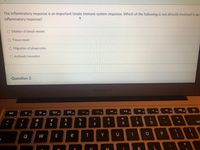 The inflammatory response is an important innate immune system response. Which of the following is not directly involved in an
inflammatory response?
O Dilation of blood vessels
Tissue repair
O Migration of phagocytes
O Antibody formation
Question 2
MacBook Air
F10
F11
F8
esc
F3
#
2$
%
&
*
@
del
2
3
4
5
6
7
8
T
O P
Q
W
E
R
K
