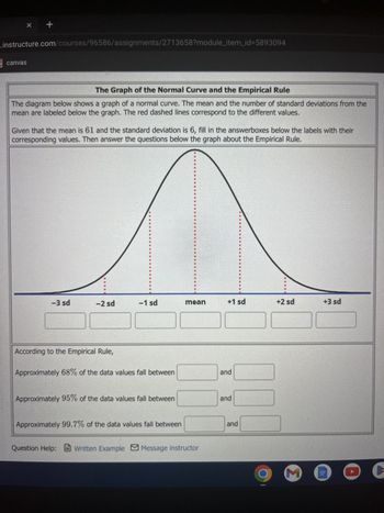 x +
I.instructure.com/courses/96586/assignments/2713658?module_item_id=5893094
canvas
The Graph of the Normal Curve and the Empirical Rule
The diagram below shows a graph of a normal curve. The mean and the number of standard deviations from the
mean are labeled below the graph. The red dashed lines correspond to the different values.
Given that the mean is 61 and the standard deviation is 6, fill in the answerboxes below the labels with their
corresponding values. Then answer the questions below the graph about the Empirical Rule.
-3 sd
-2 sd
According to the Empirical Rule,
-1 sd
Approximately 68% of the data values fall between
Approximately 95% of the data values fall between
Approximately 99.7% of the data values fall between
mean
Question Help: Written Example Message instructor
+1 sd
and
and
70
and
****
+2 sd
M
+3 sd