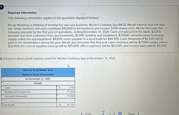 !
Required information
[The following information applies to the questions displayed below.]
Nicole Mackisey is thinking of forming her own spa business, Nicole's Getaway Spa (NGS). Nicole expects that she and
two family members will each contribute $10,000 to the business and receive 1,000 shares each. Nicole forecasts the
following amounts for the first year of operations, ending December 31, 2021: Cash on hand and in the bank, $3,750;
amounts due from customers from spa treatments, $1,940; building and equipment, $77,000; amounts owed to beauty
supply outlets for spa equipment, $4,820; notes payable to a local bank for $40,470. Cash dividends of $6,500 will be
paid to the stockholders during the year. Nicole also forecasts that first-year sales revenues will be $77,100; wages will be
$32,000; the cost of supplies used up will be $15,000; office expenses will be $13,000; and income taxes will be $3,200.
3. Prepare a (forecasted) balance sheet for Nicole's Getaway Spa at December 31, 2021.
NICOLE'S GETAWAY SPA
Balance Sheet (forecasted)
At December 31, 2021
Assets
Cash
Building and Equipment
Accounts Receivable
Total Assets
$
S
3,750
77,000
11,000
91,750
< Prev
S
9
of 12
www
www
Next >